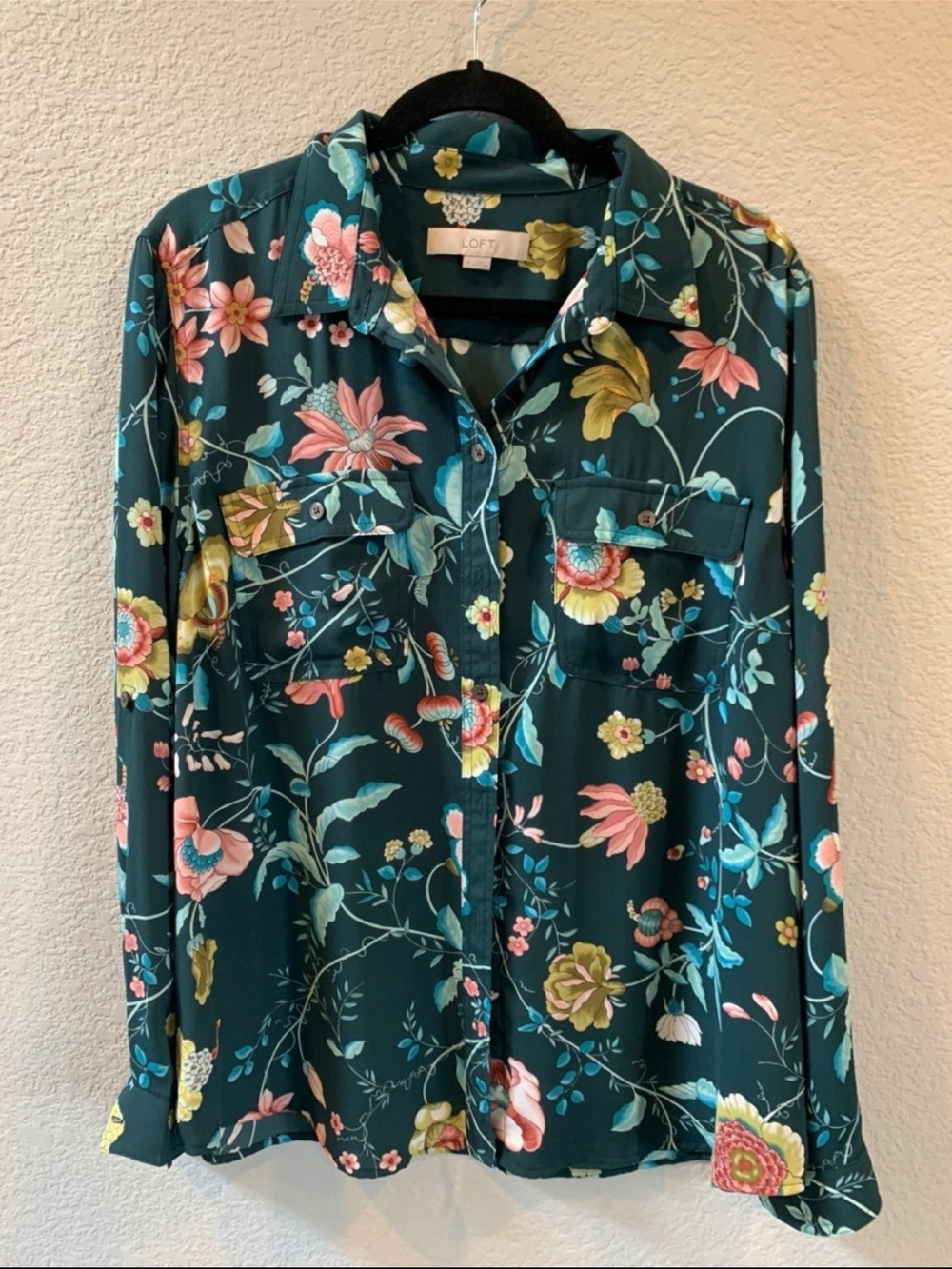 LOFT Teal Green Floral Button-Front Blouse